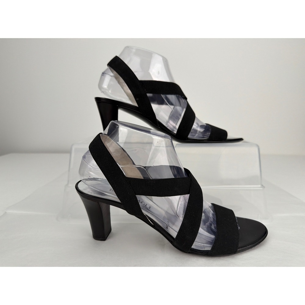 Bruno Magli Sandals Womens 38.5 Black Elastic Strap Italian Leather Block Heel